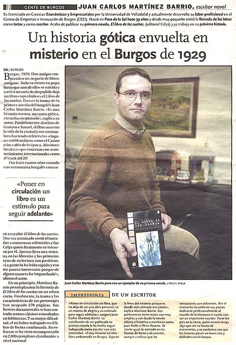 DIARIO DE BURGOS: EL LIBRO DE LOS SUEÑOS. Novela de Juan Carlos Martínez