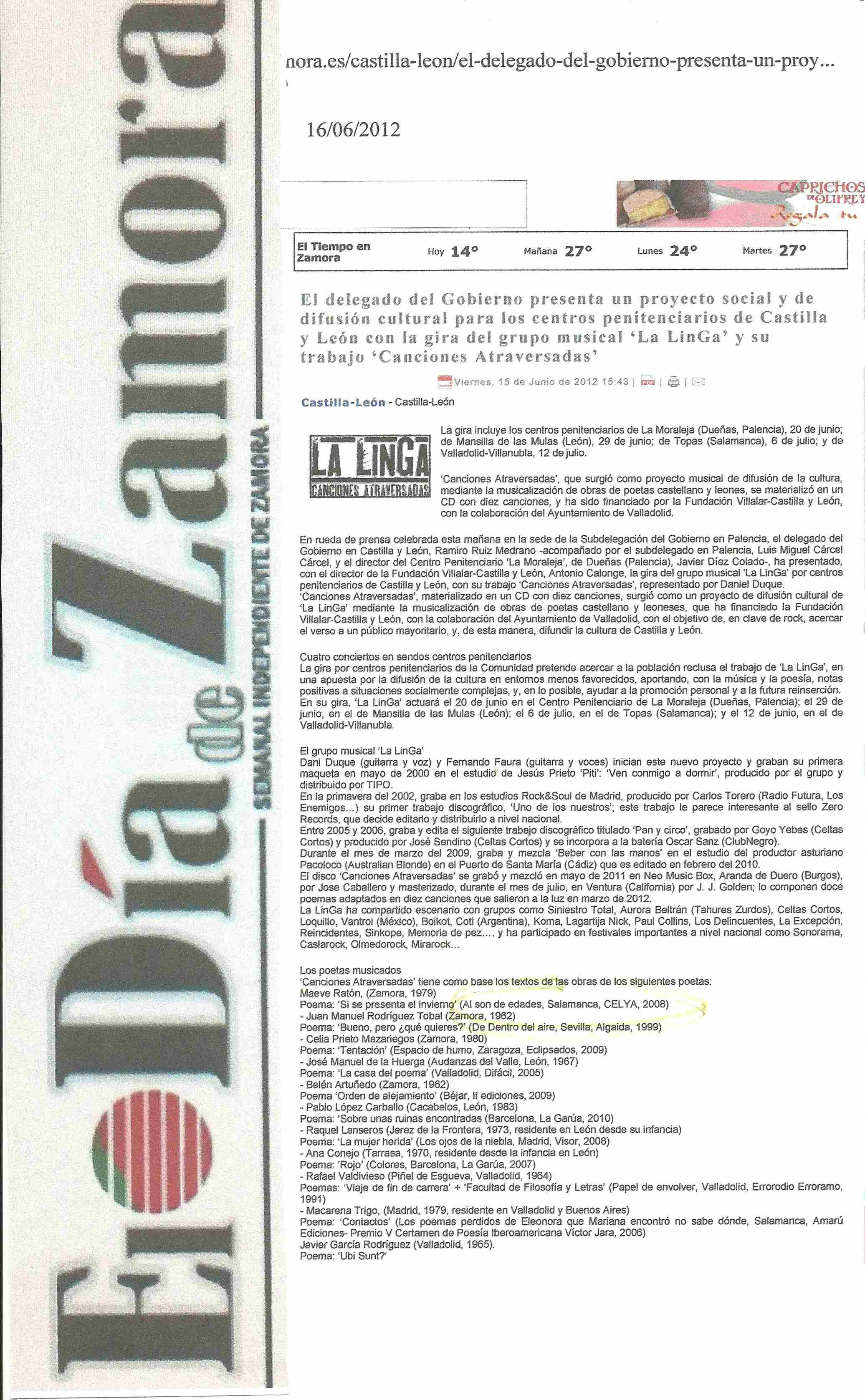 EL DÍA DE ZAMORA
: POESÍA ATRAVERSADA en las cárceles de Castilla y León.
