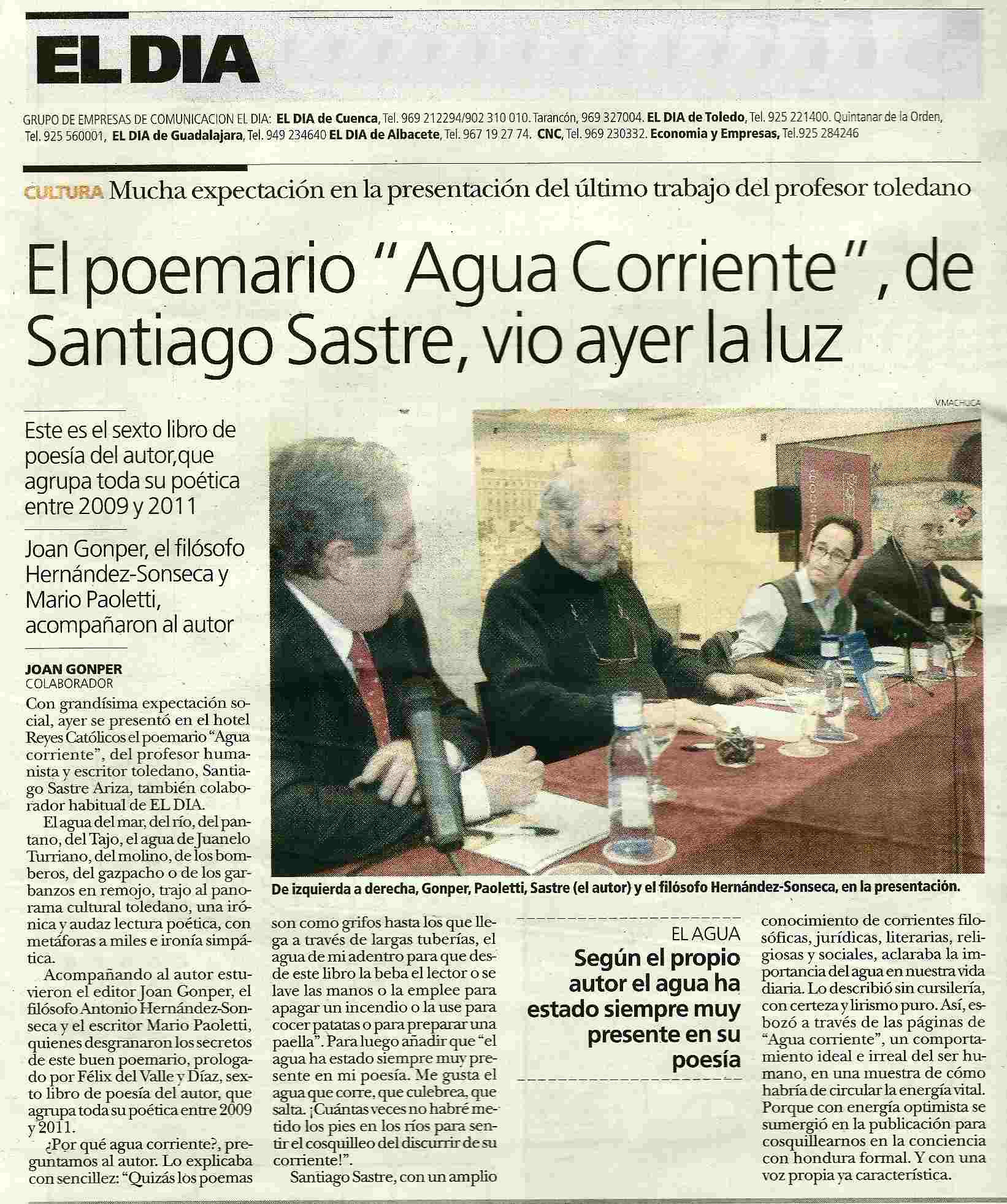 EL DÍA: Presentación de 'Agua corriente' de Santiago Sastre. 