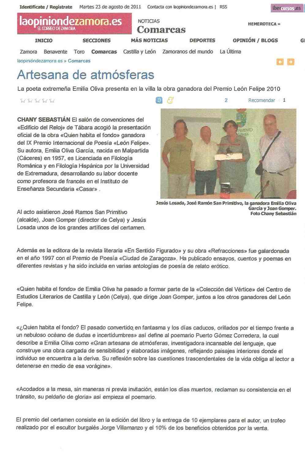 LA OPINION DE ZAMORA: Entrega del Premio 'León Felipe' de Poesía, 2011.