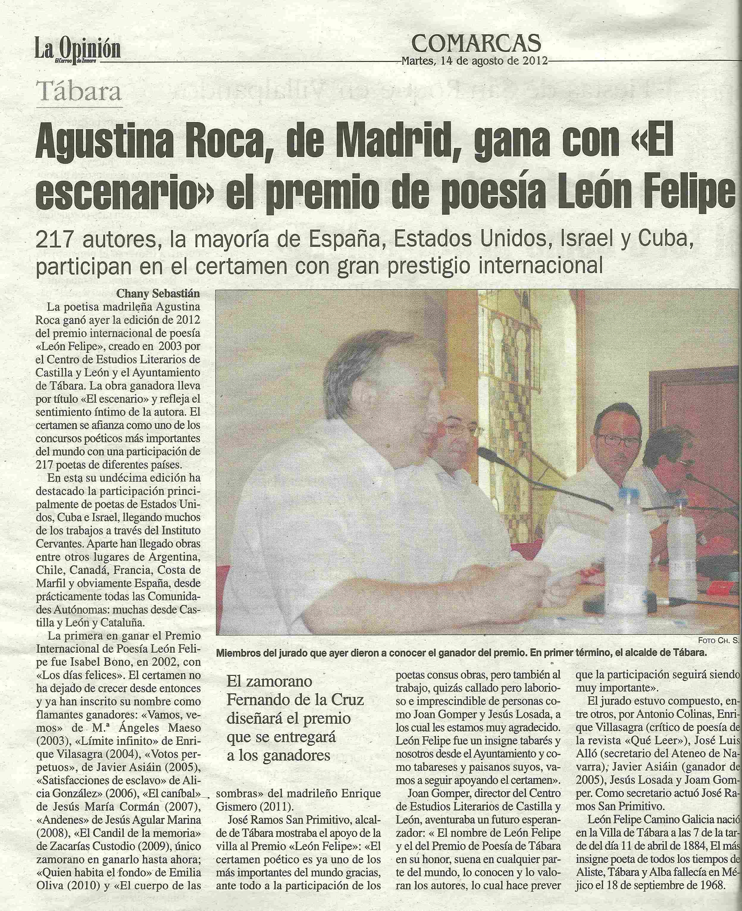 LA OPINION DE ZAMORA
: Agustina Roca, IX Premio Internacional de Poesía 'León Felipe'.
