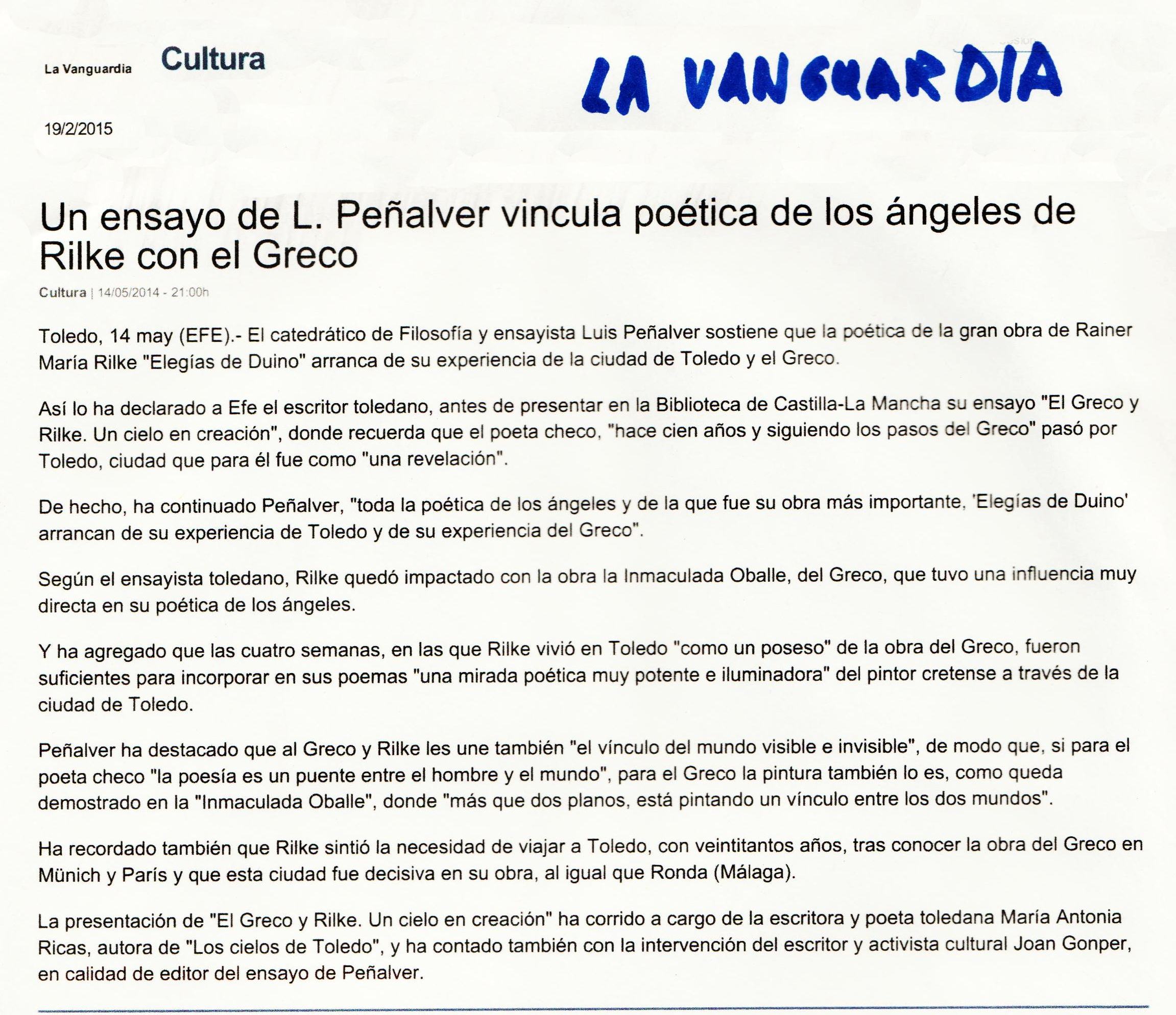 LA VANGUARDIA
: El Greco y Rilke, de Luis Peñalver.
