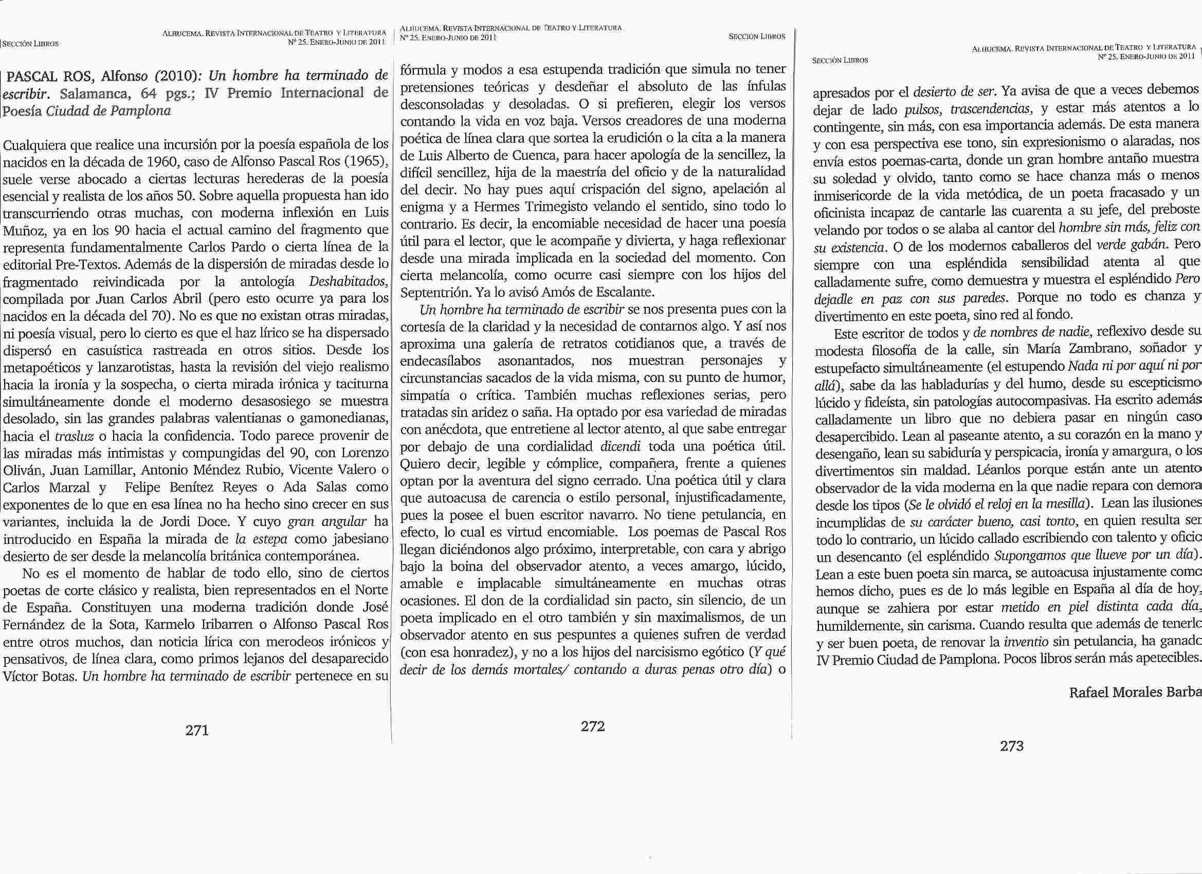 Revista ALHUCEMA: Sobre 'Un hombre ha terminado de escribir'. Por Rafael Morales Barba. 