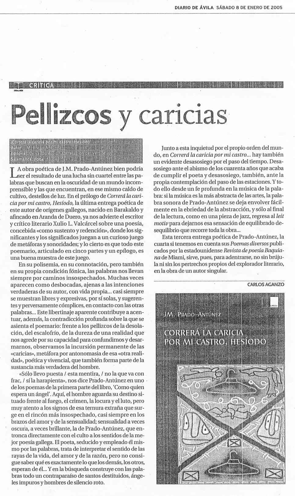 DIARIO DE ÁVILA: CORRERÁ LA CARICIA POR MI CASTRO, HESÍODO, de JM. Prado-Antúnez, por Carlos Aganzo.