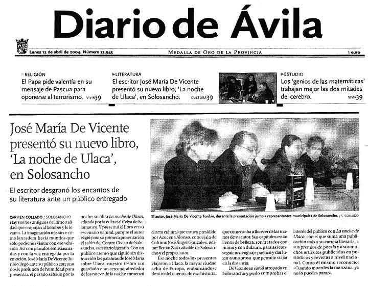 DIARIO DE ÁVILA: [La noche de Ulaca], de J.Mª de Vicente, en Solosancho.