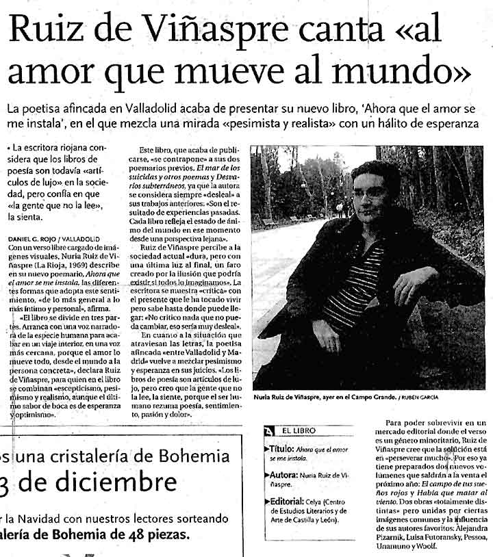 EL DÍA DE VALLADOLID: [Ahora que el amor se me instala], de Nuria R. de Viñaspre y Prólogo de Eduardo Mendicutti.