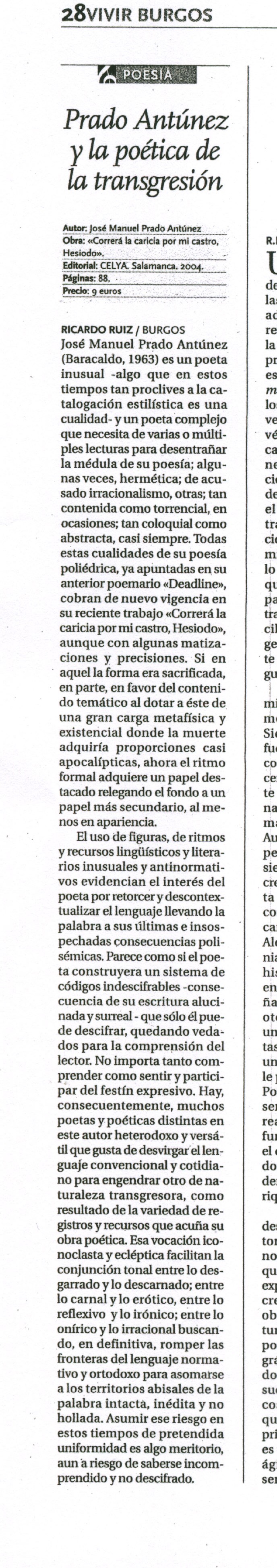 EL DIARIO DE BURGOS: CORRERÁ LA CARICIA POR MI CASTRO, HESÍODO, por Ricardo Ruiz.