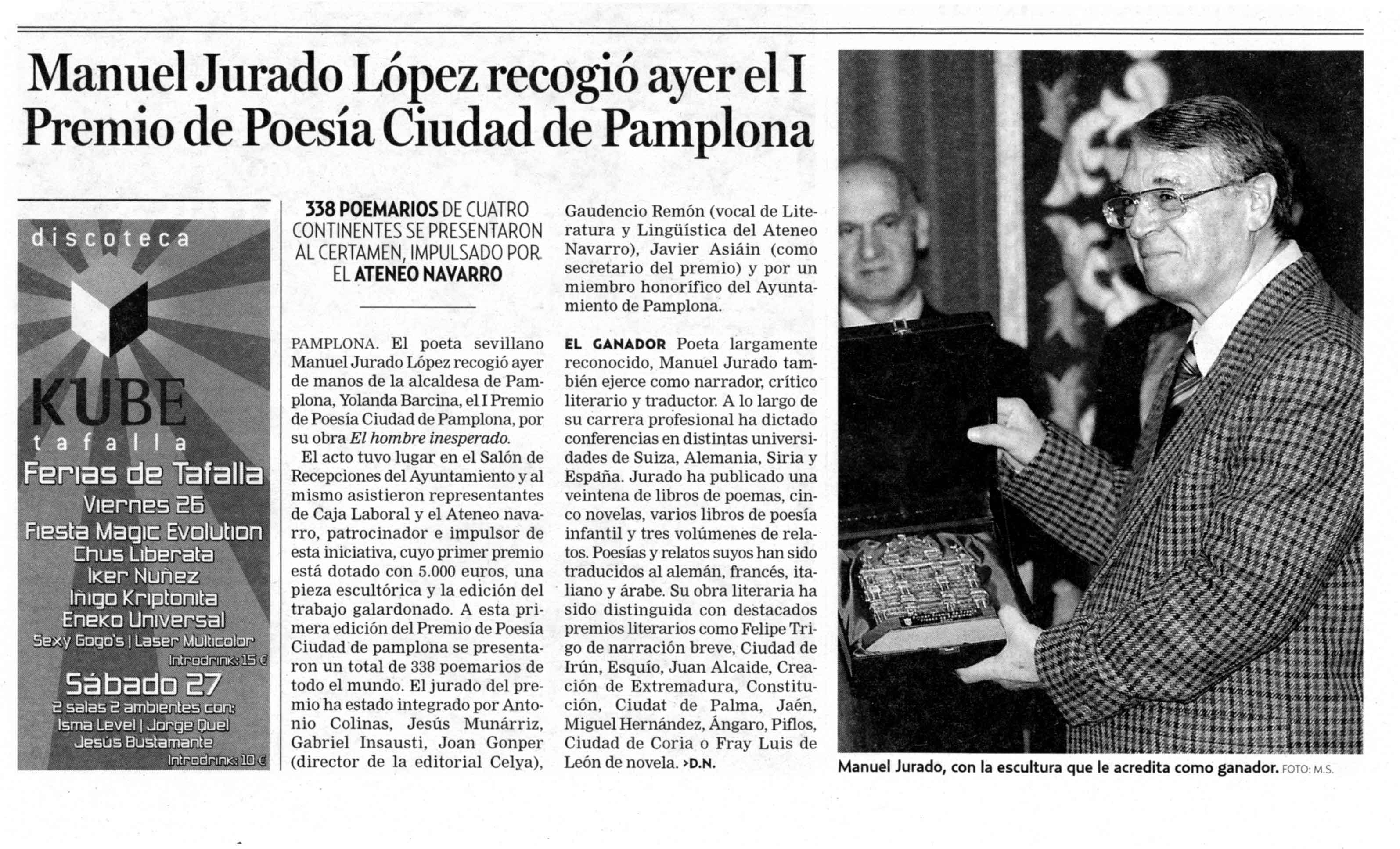 DIARIO DE NOTICIAS: I Premio de Poesía Ciudad de Pamplona