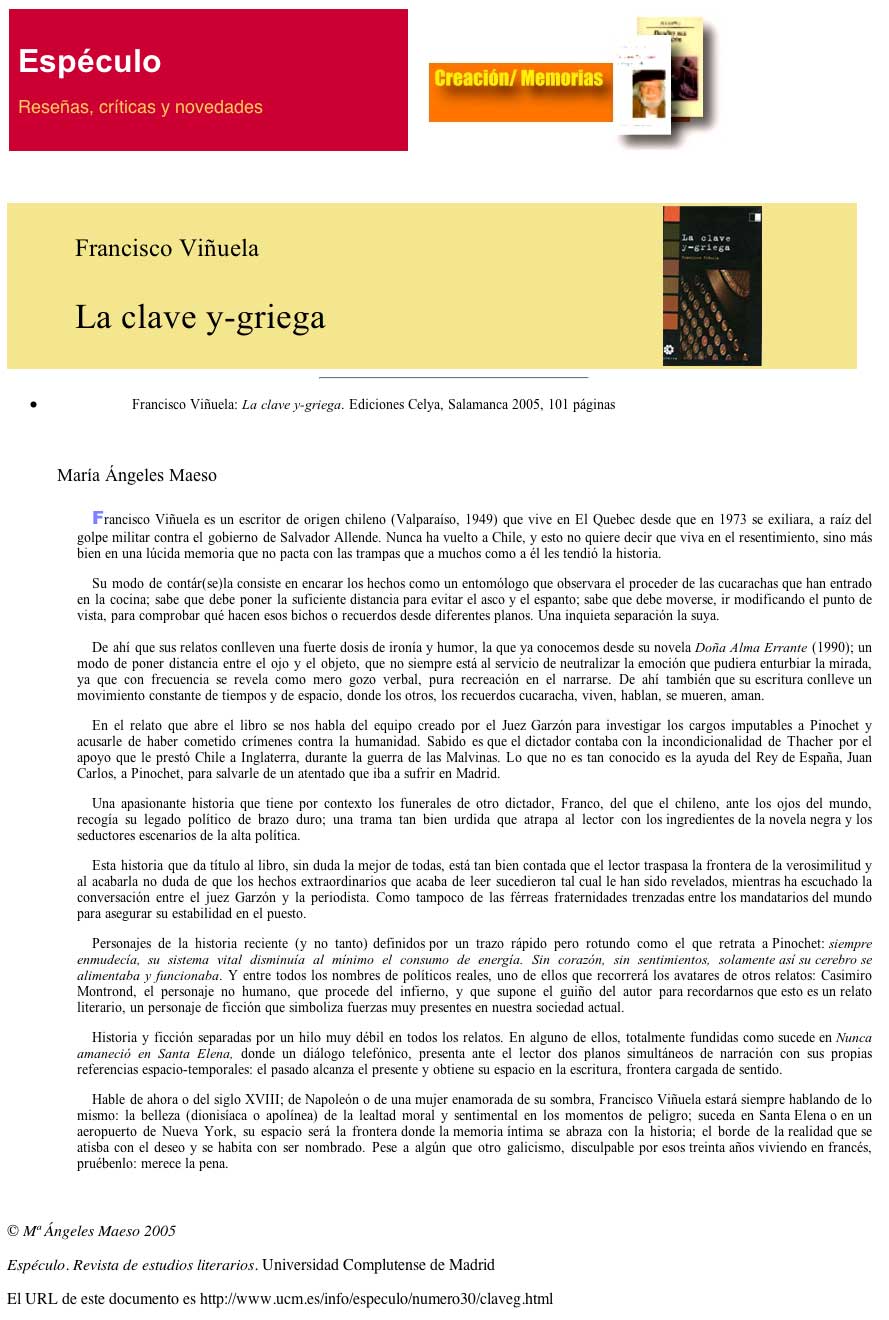 ESPÉCULO: LA CLAVE Y-GRIEGA, de Francisco Viñuela, por Mª Ángeles Maeso.