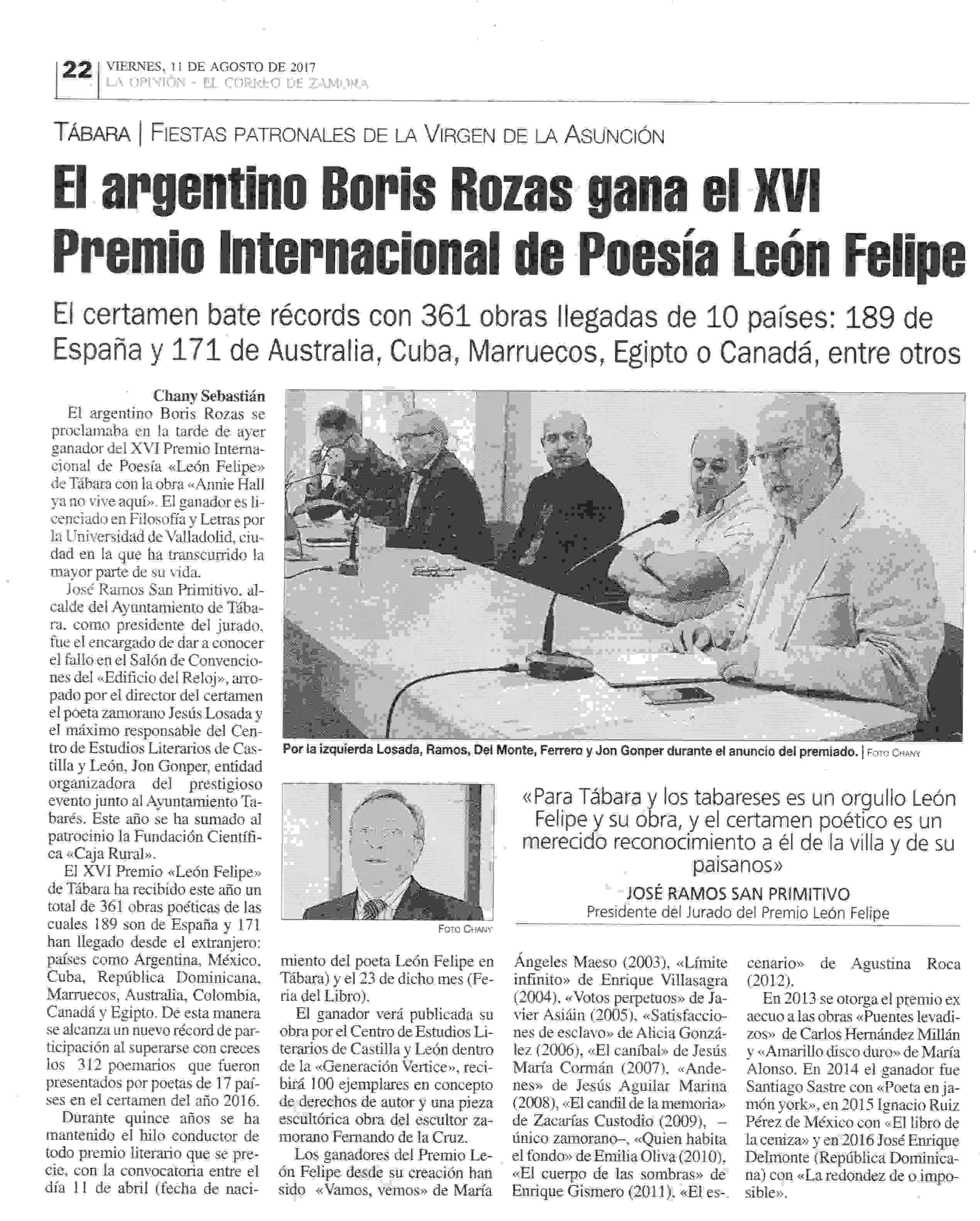 LA OPINIÓN: XVI Premio León Felipe: Boris Rozas