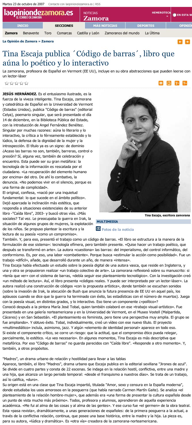 LA OPINIÓN DE ZAMORA: Código de Barras, de Tina Escaja.