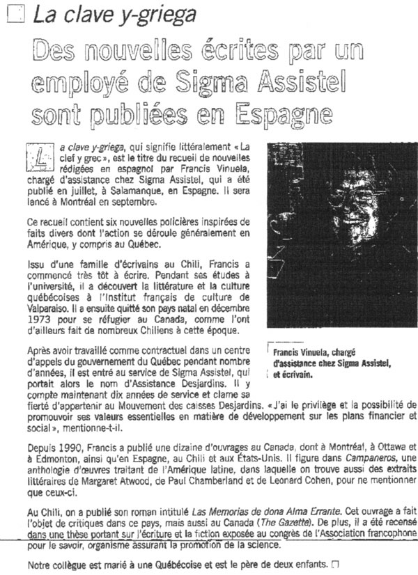 Canadá Press: La Clave Y-Griega, de Francisco Viñuela